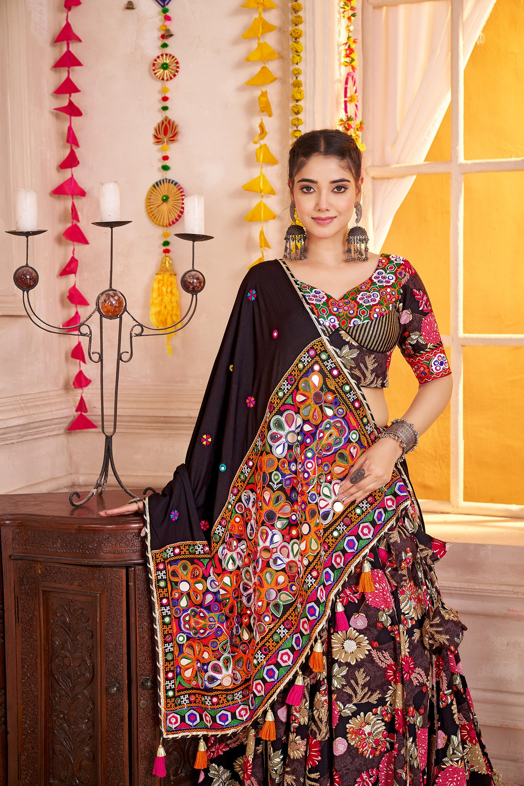 Monjolika Fashion Black Viscose Cotton Navratri Lehenga Choli With Kutchi Patch & Mirror Work - Distacart