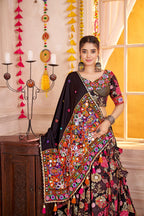 Monjolika Fashion Black Viscose Cotton Navratri Lehenga Choli With Kutchi Patch & Mirror Work - Distacart