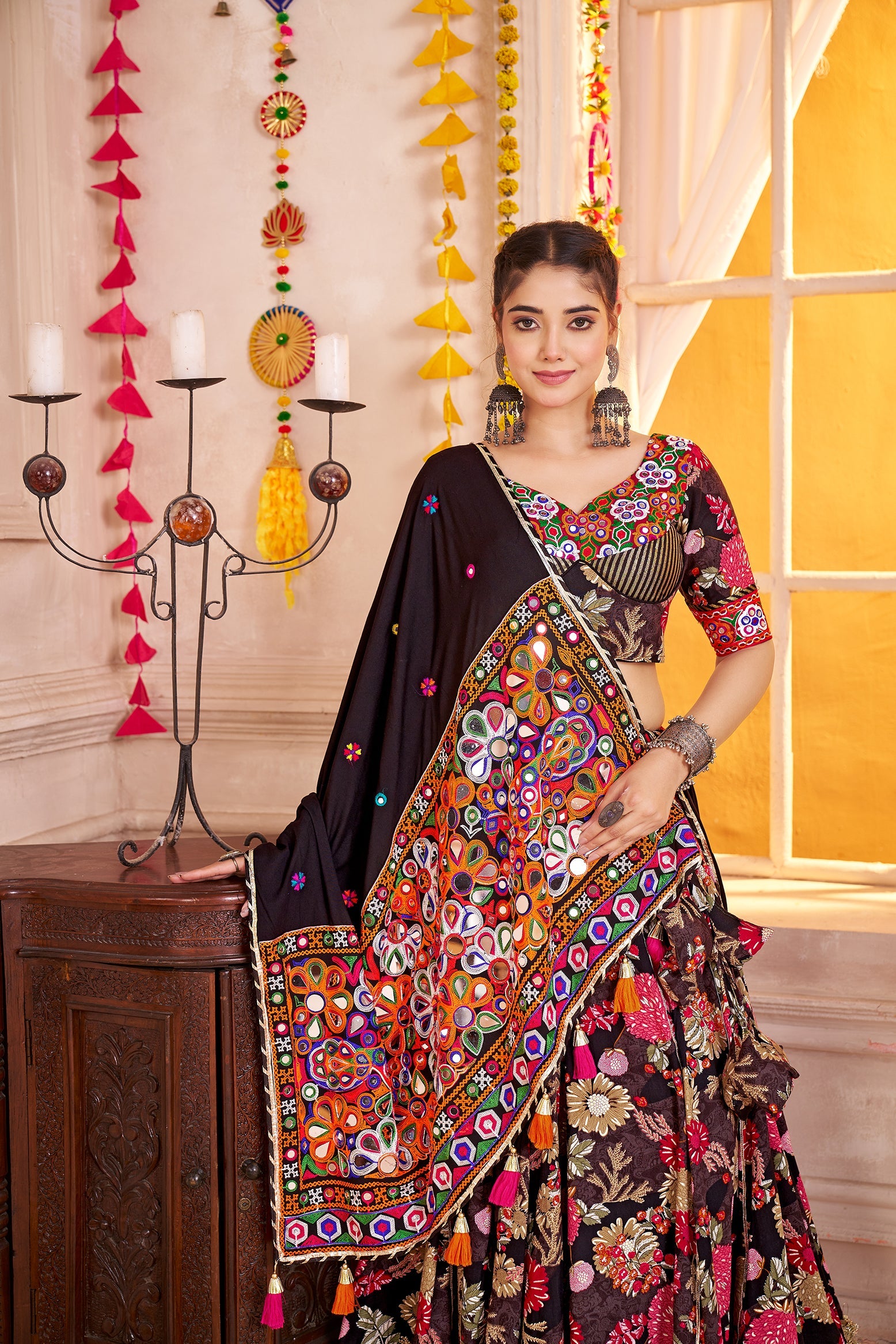 Monjolika Fashion Black Viscose Cotton Navratri Lehenga Choli With Kutchi Patch & Mirror Work - Distacart