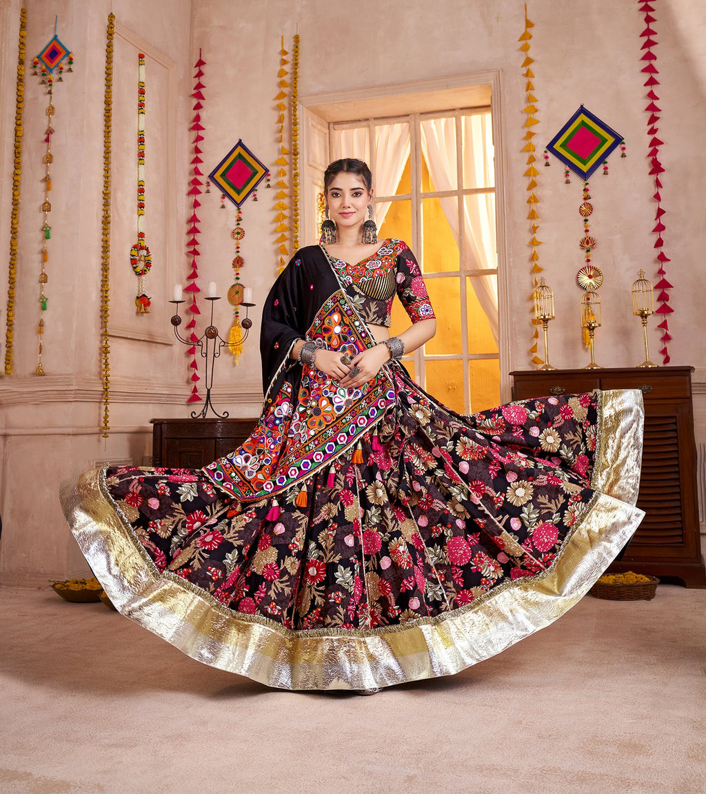 Monjolika Fashion Black Viscose Cotton Navratri Lehenga Choli With Kutchi Patch & Mirror Work - Distacart