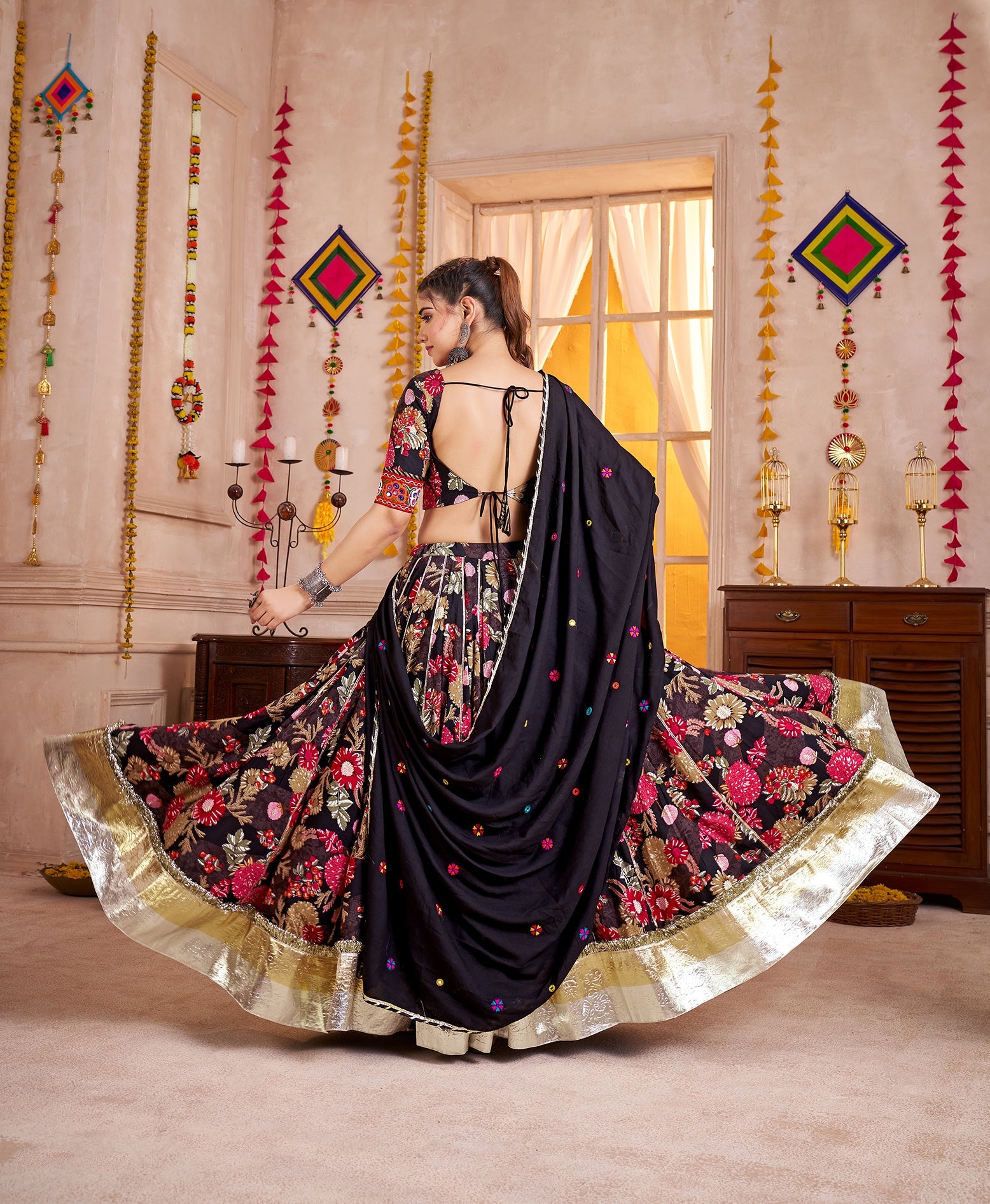 Monjolika Fashion Black Viscose Cotton Navratri Lehenga Choli With Kutchi Patch & Mirror Work - Distacart