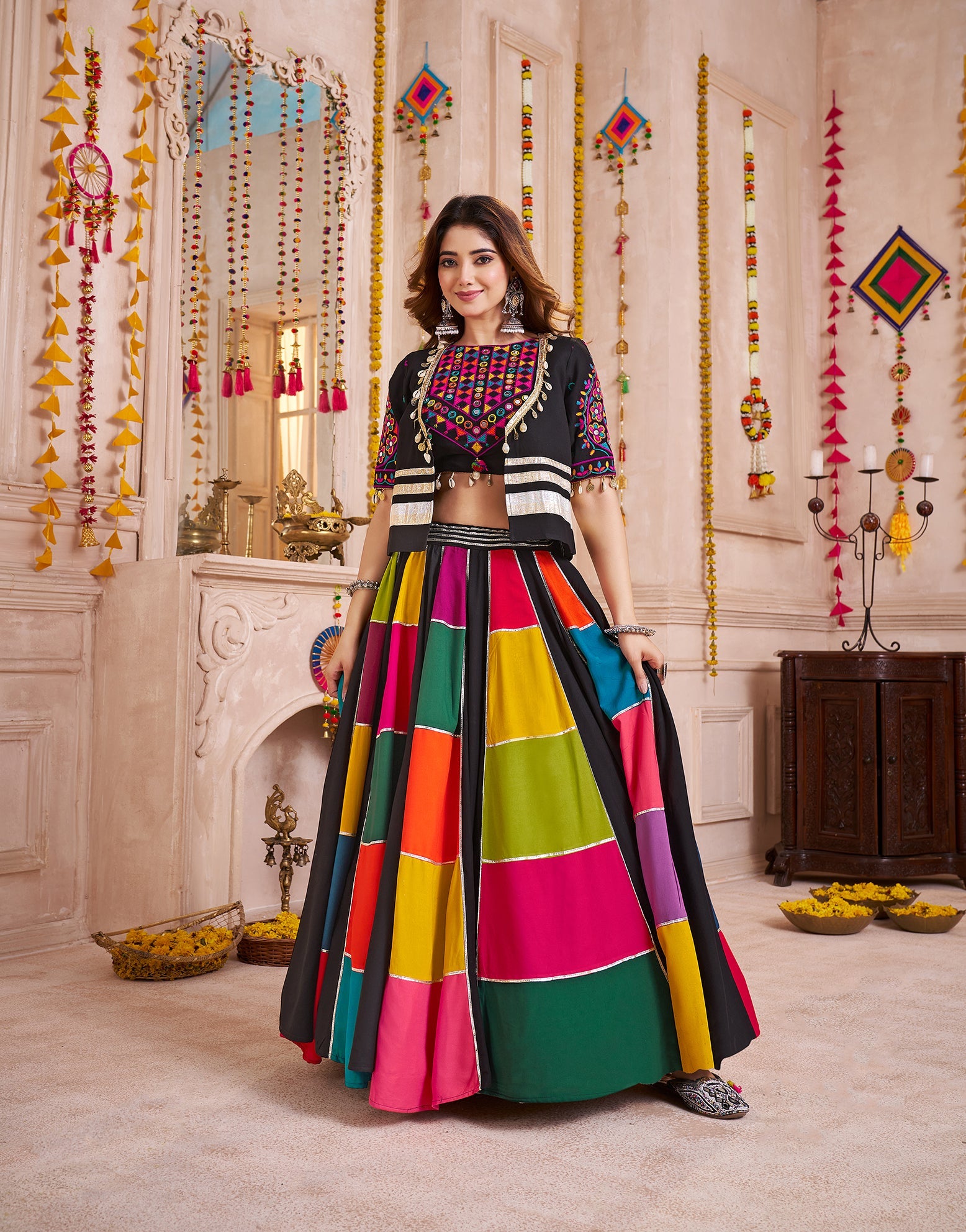 Monjolika Fashion Multicolor Viscose Cotton Navratri Chaniya Choli With Kutchi And Patch Work Jacket - Distacart