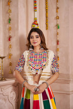 Monjolika Fashion Multicolor Viscose Cotton Navratri Chaniya Choli With Kutchi And Mirror Work Jacket