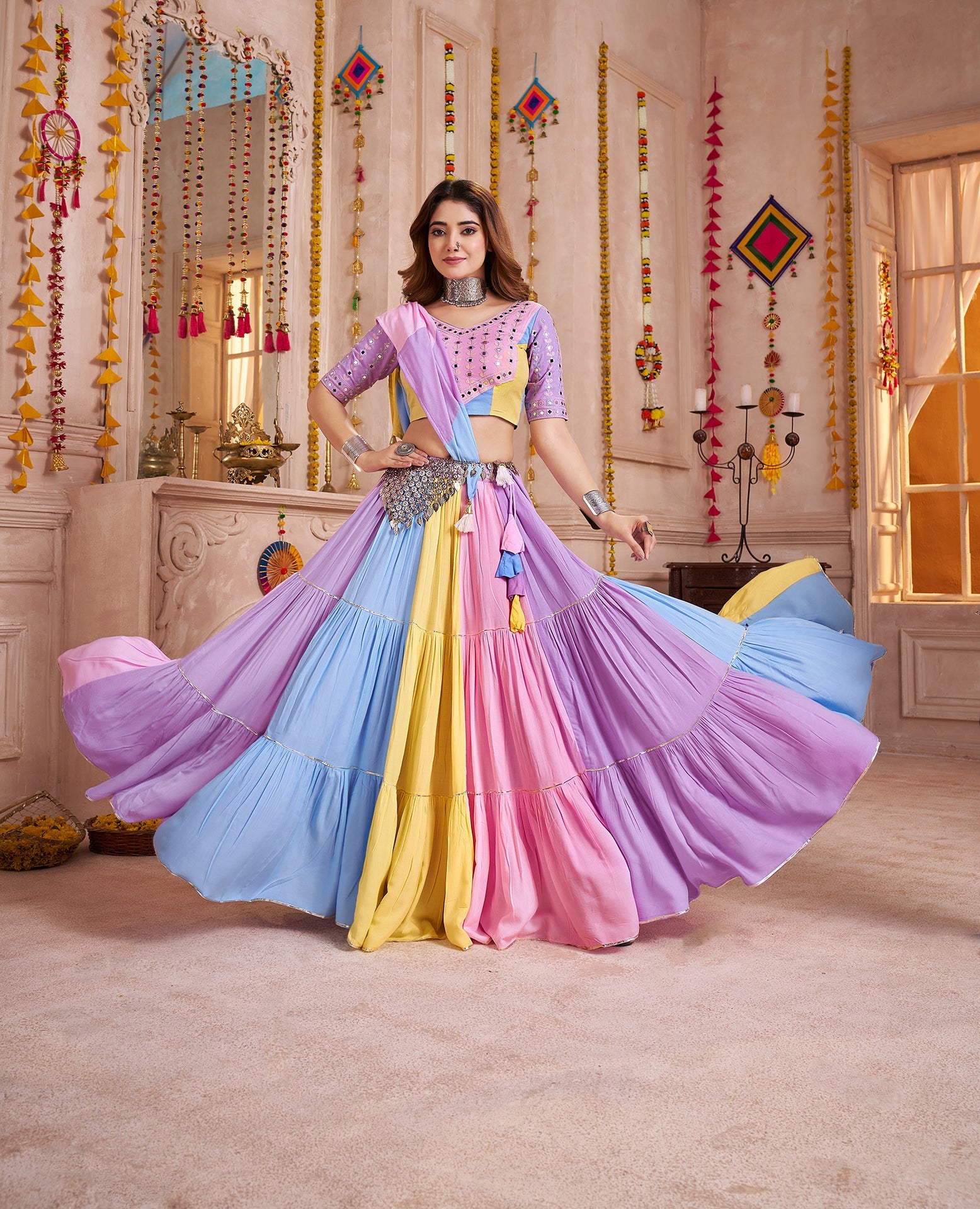 Monjolika Fashion Multicolor Viscose Cotton Navratri Chaniya Choli With Mirror Work - Distacart