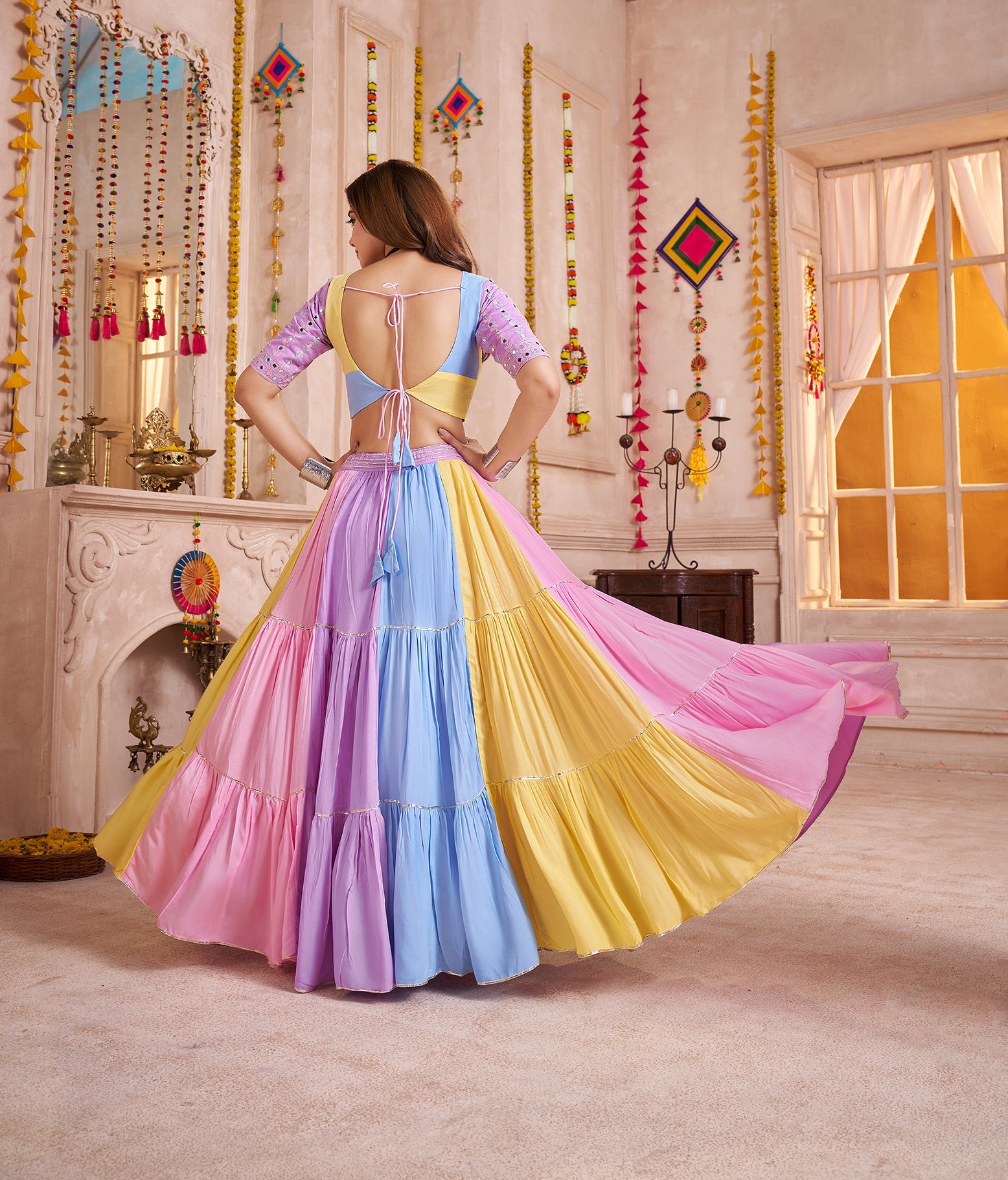 Monjolika Fashion Multicolor Viscose Cotton Navratri Chaniya Choli With Mirror Work - Distacart