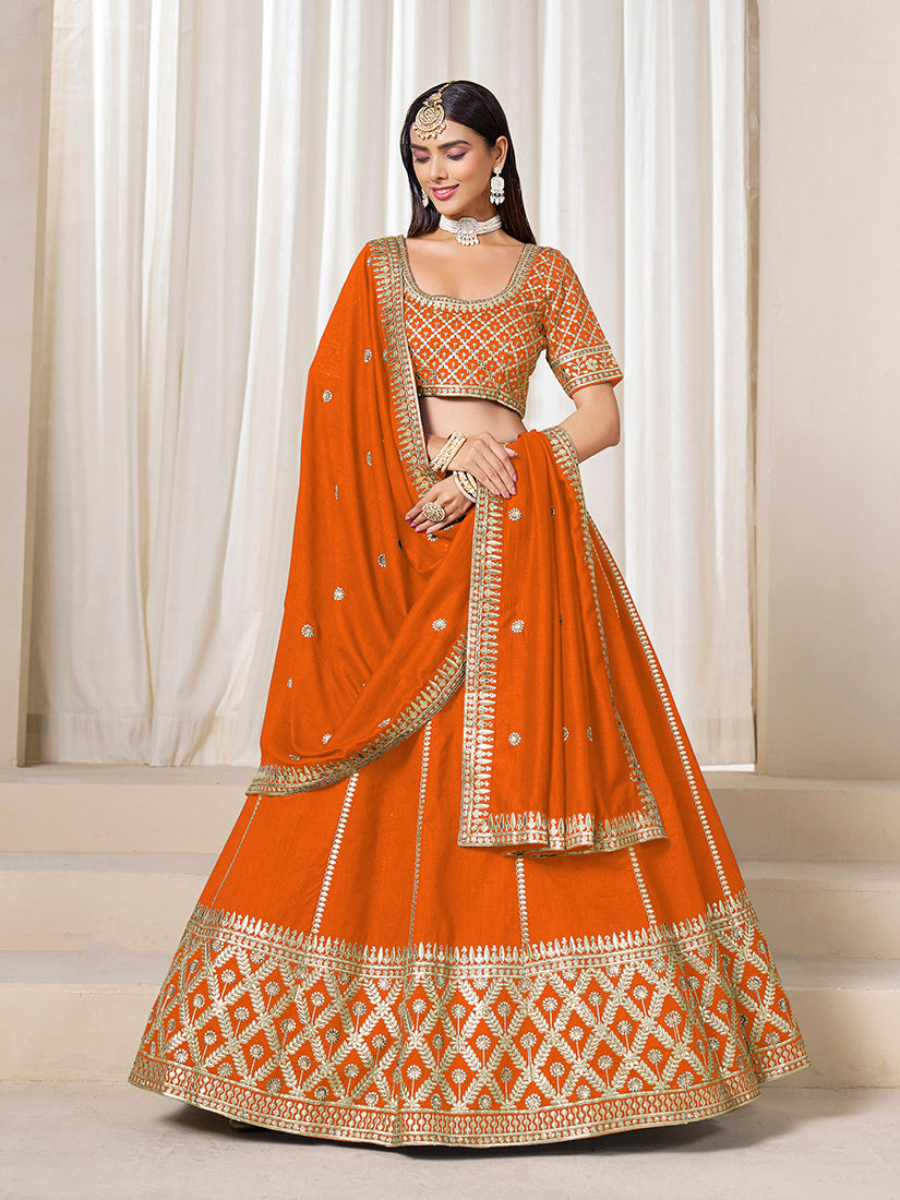 Monjolika Fashion Orange Art Silk Wedding Wear Lehenga Choli Set - Distacart