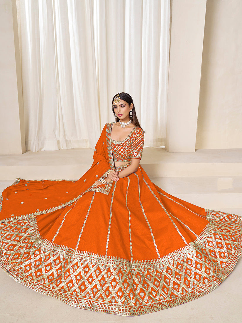 Monjolika Fashion Orange Art Silk Wedding Wear Lehenga Choli Set - Distacart