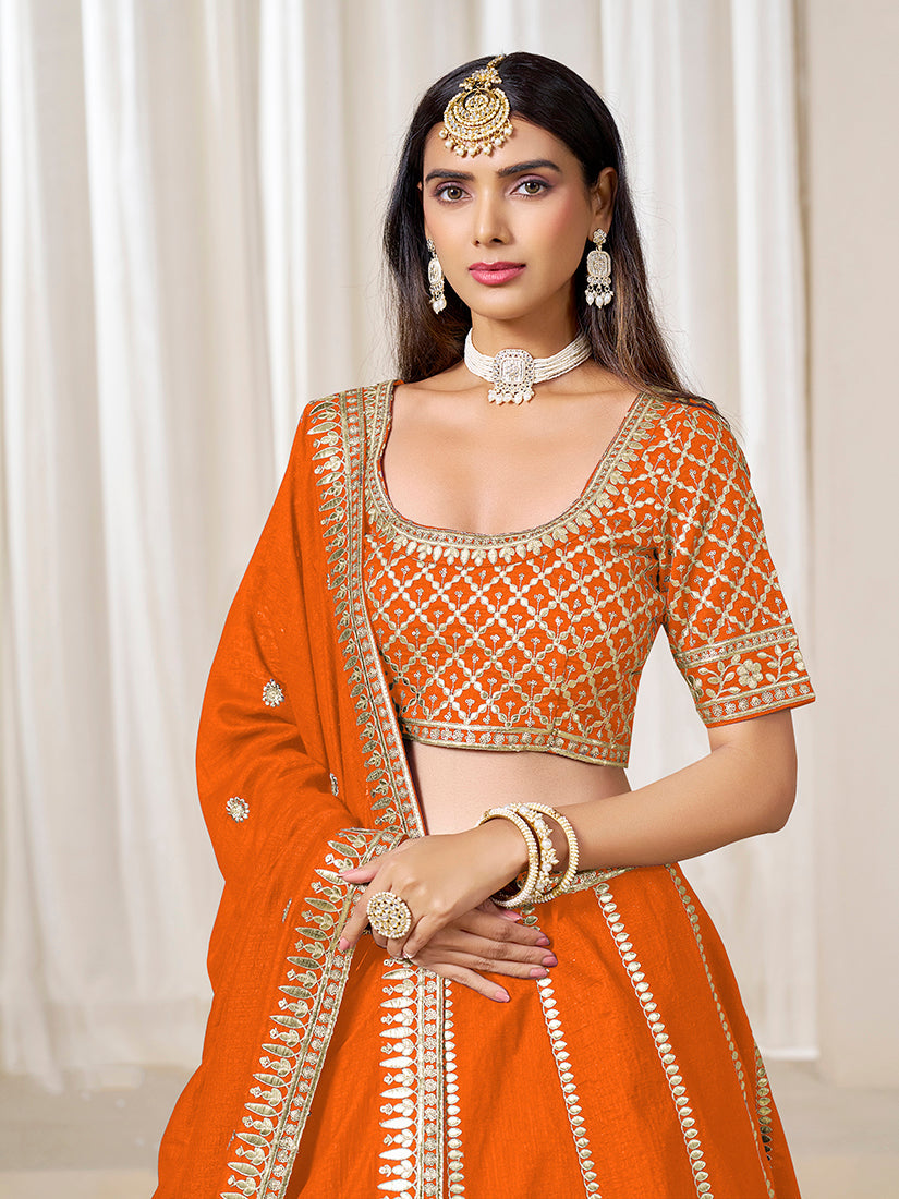 Monjolika Fashion Orange Art Silk Wedding Wear Lehenga Choli Set - Distacart