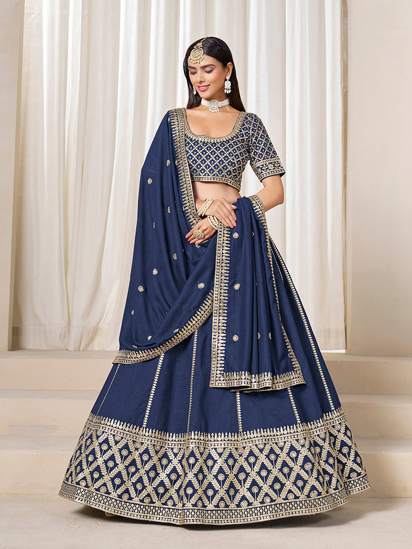 Monjolika Fashion Navy Blue Art Silk Wedding Wear Lehenga Choli Set - Distacart