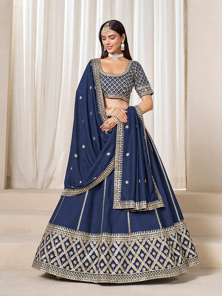 Monjolika Fashion Navy Blue Art Silk Wedding Wear Lehenga Choli Set