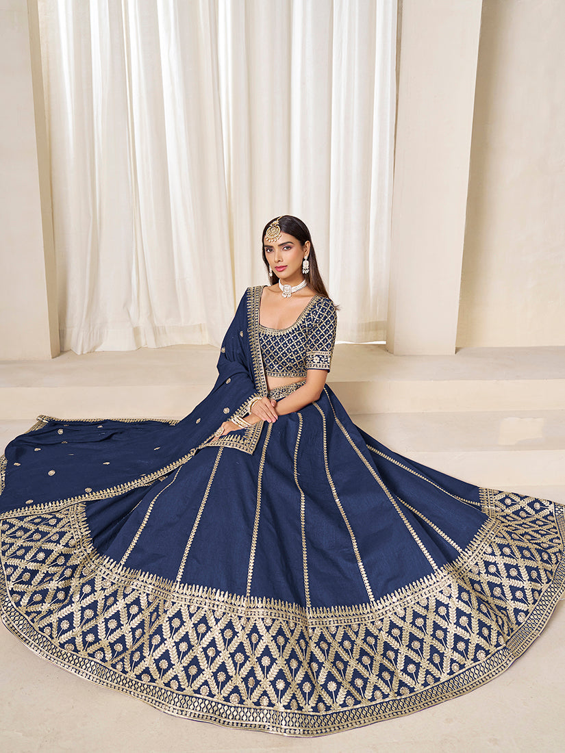Monjolika Fashion Navy Blue Art Silk Wedding Wear Lehenga Choli Set - Distacart