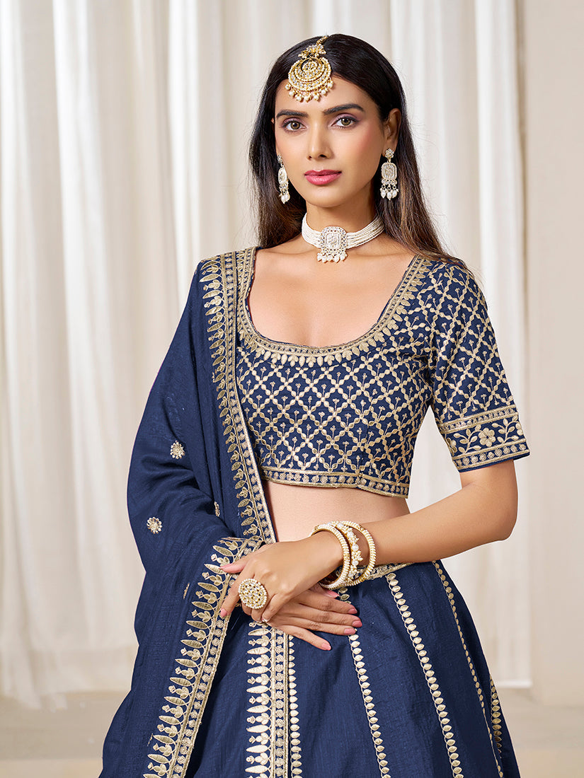 Monjolika Fashion Navy Blue Art Silk Wedding Wear Lehenga Choli Set - Distacart