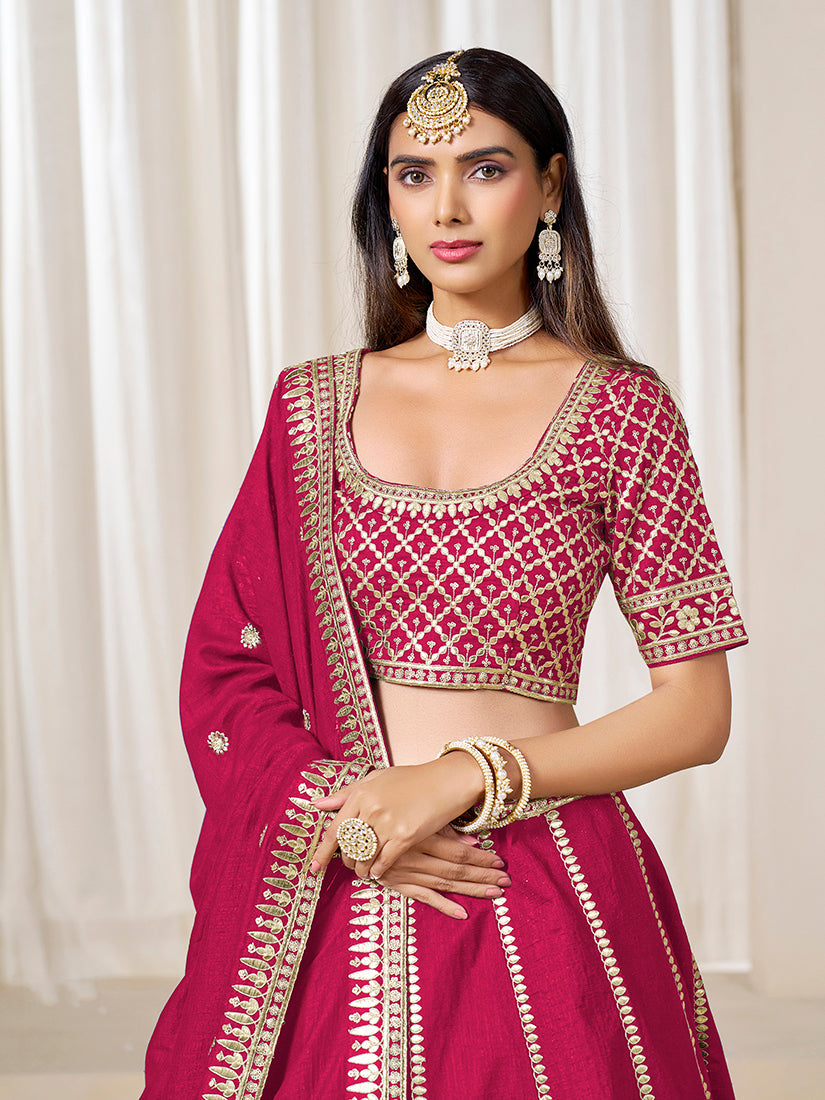 Monjolika Fashion Rani Pink Art Silk Wedding Wear Lehenga Choli Set