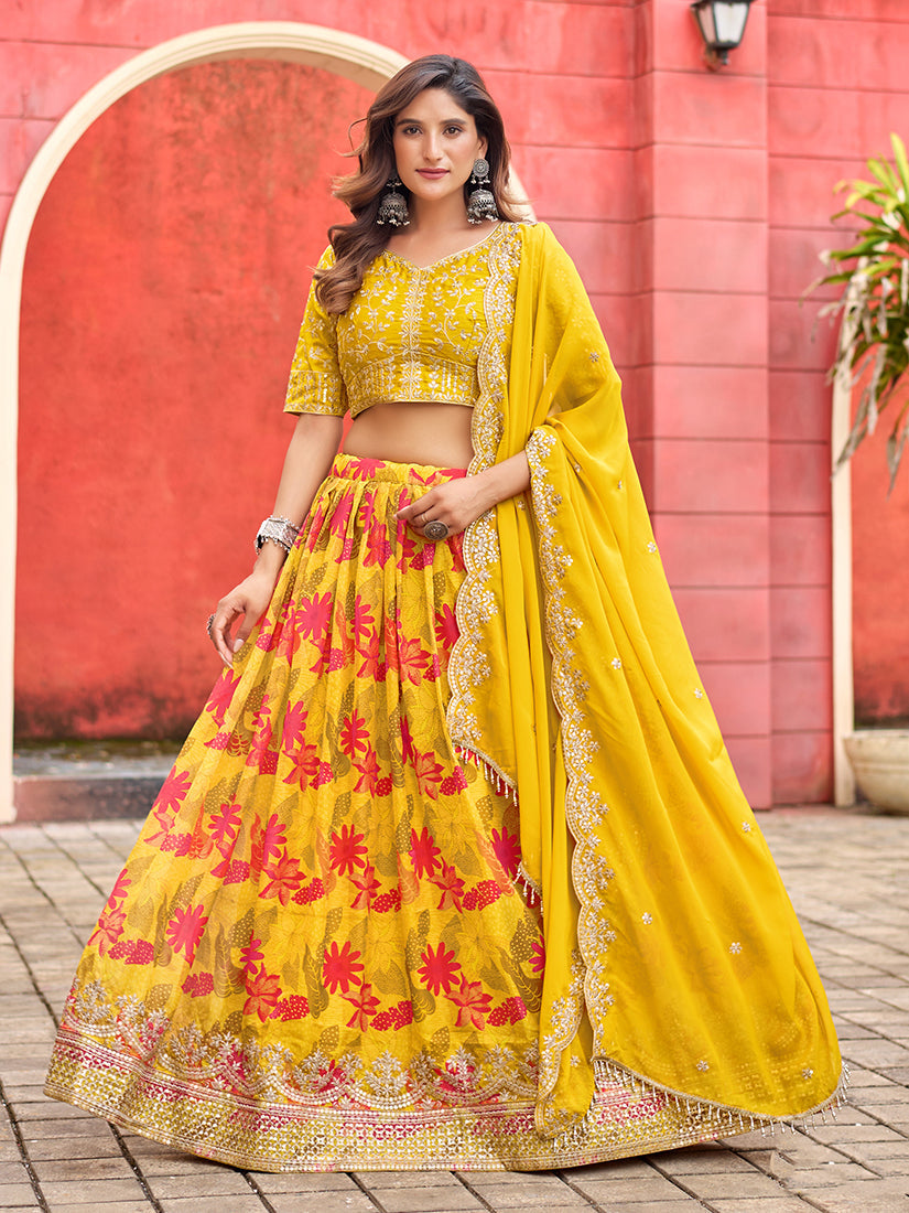 Monjolika Fashion Yellow Printed Embroidered Tabby Silk Trendy Lehenga Choli - Distacart