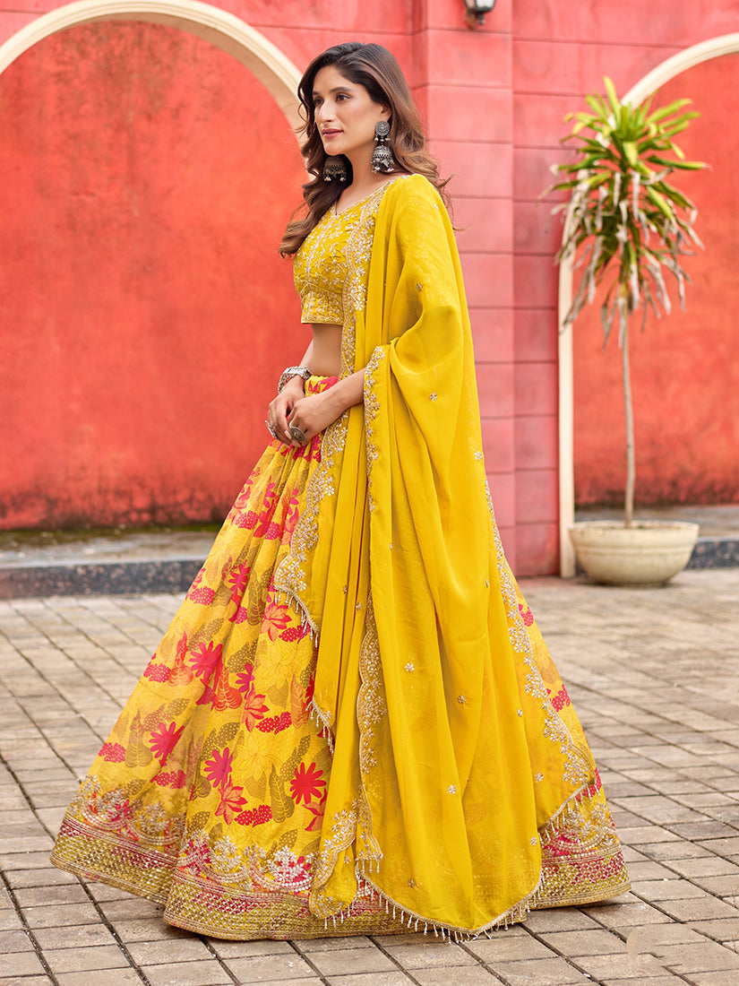 Monjolika Fashion Yellow Printed Embroidered Tabby Silk Trendy Lehenga Choli - Distacart