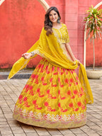 Monjolika Fashion Yellow Printed Embroidered Tabby Silk Trendy Lehenga Choli - Distacart