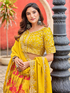 Monjolika Fashion Yellow Printed Embroidered Tabby Silk Trendy Lehenga Choli - Distacart