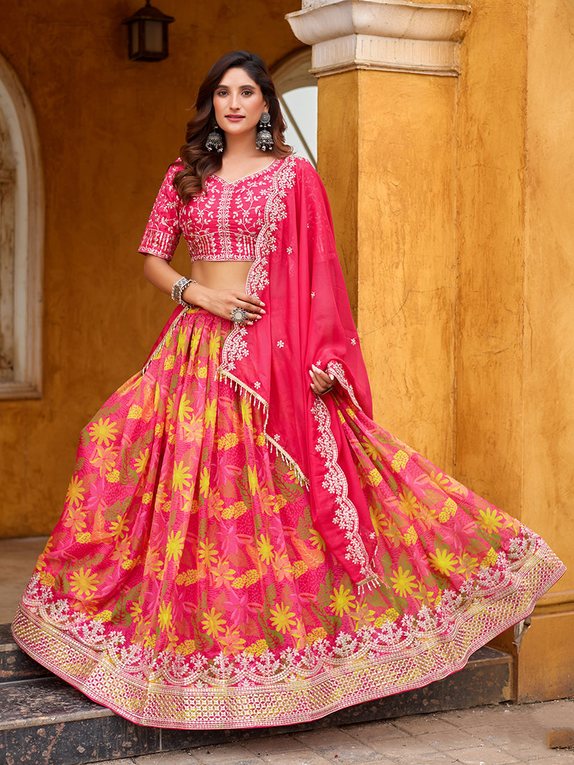 Monjolika Fashion Hot Pink Printed Embroidered Tabby Silk Trendy Lehenga Choli - Distacart
