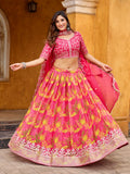 Monjolika Fashion Hot Pink Printed Embroidered Tabby Silk Trendy Lehenga Choli - Distacart