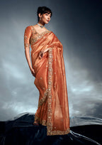 Monjolika Fashion Orange Tissue Organza Saree With Moti, Cutdana & Sequins Work - Distacart