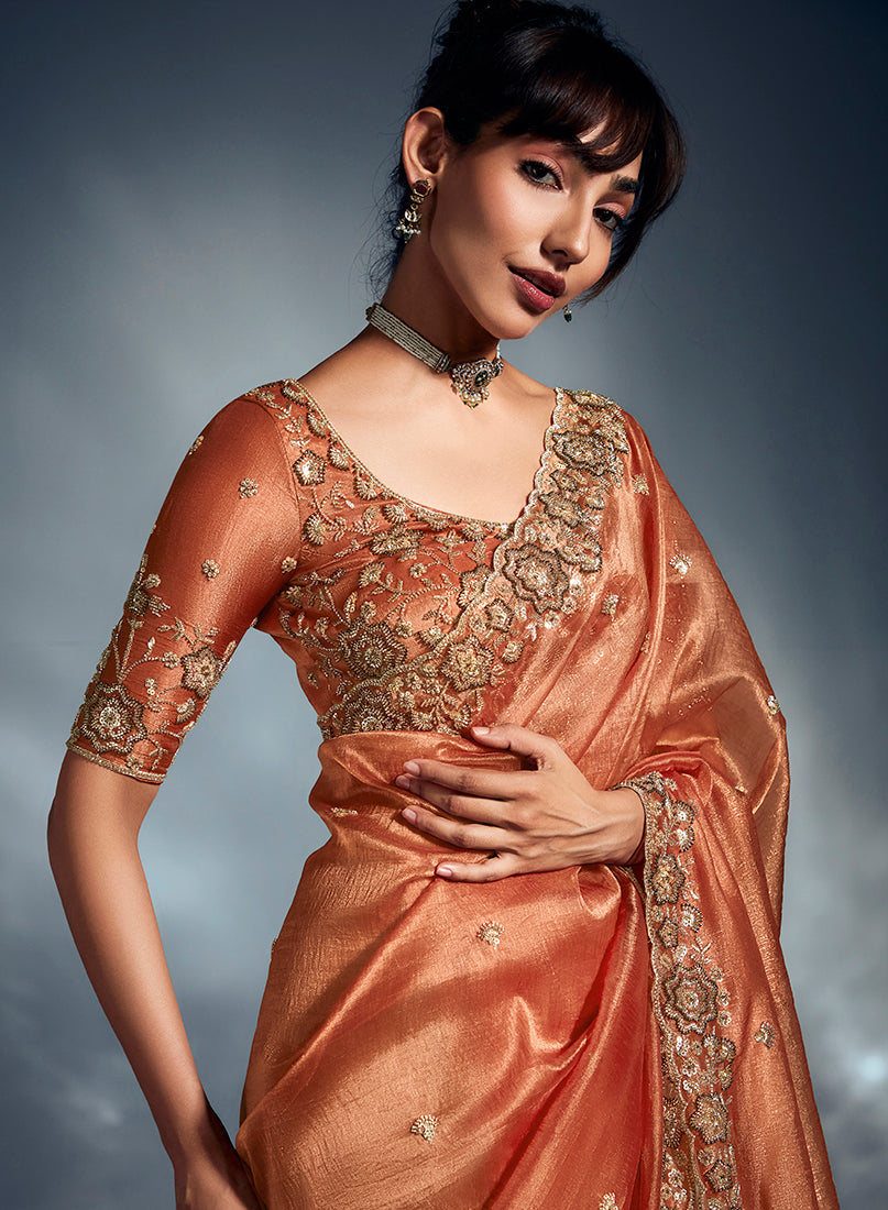 Monjolika Fashion Orange Tissue Organza Saree With Moti, Cutdana & Sequins Work - Distacart