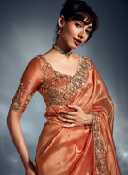 Monjolika Fashion Orange Tissue Organza Saree With Moti, Cutdana & Sequins Work - Distacart