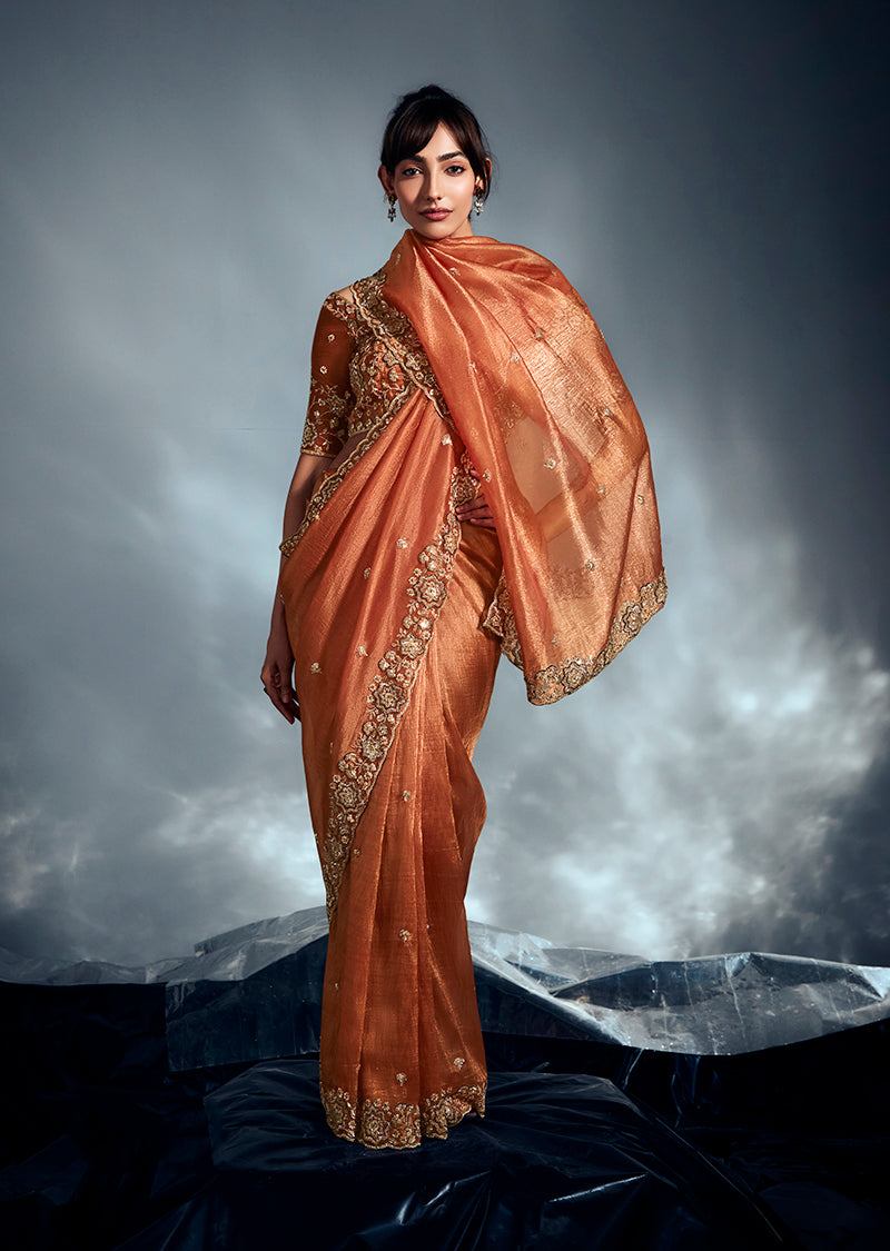 Monjolika Fashion Orange Tissue Organza Saree With Moti, Cutdana & Sequins Work - Distacart