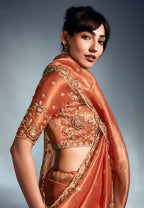 Monjolika Fashion Orange Tissue Organza Saree With Moti, Cutdana & Sequins Work - Distacart