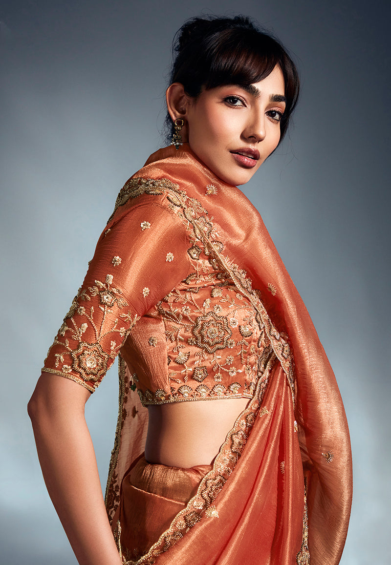 Monjolika Fashion Orange Tissue Organza Saree With Moti, Cutdana & Sequins Work - Distacart