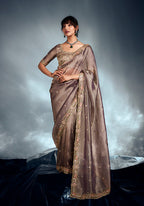 Monjolika Fashion Light Brown Tissue Organza Saree With Moti, Cutdana & Sequins Work - Distacart