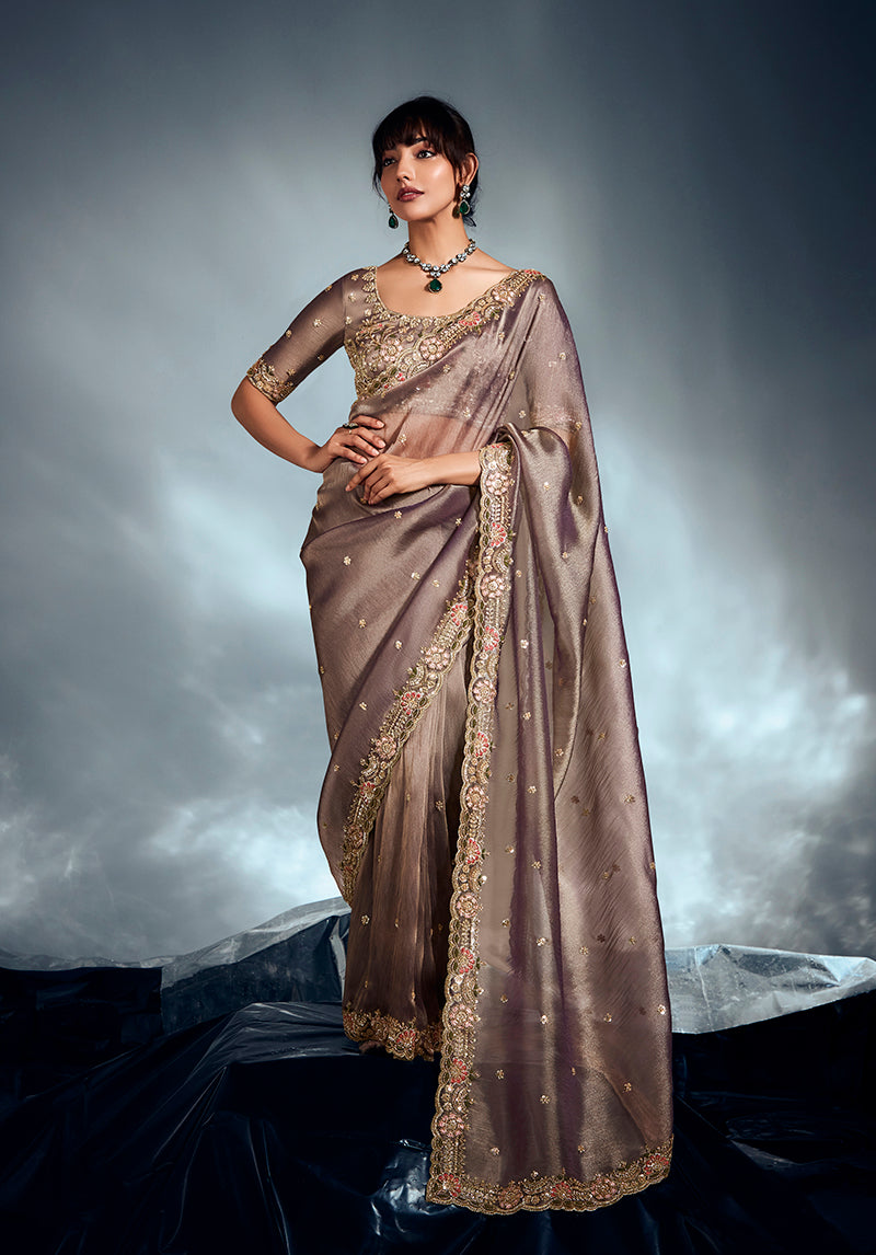 Monjolika Fashion Light Brown Tissue Organza Saree With Moti, Cutdana & Sequins Work - Distacart