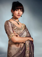 Monjolika Fashion Light Brown Tissue Organza Saree With Moti, Cutdana & Sequins Work - Distacart