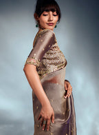 Monjolika Fashion Light Brown Tissue Organza Saree With Moti, Cutdana & Sequins Work - Distacart