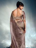 Monjolika Fashion Light Brown Tissue Organza Saree With Moti, Cutdana & Sequins Work - Distacart