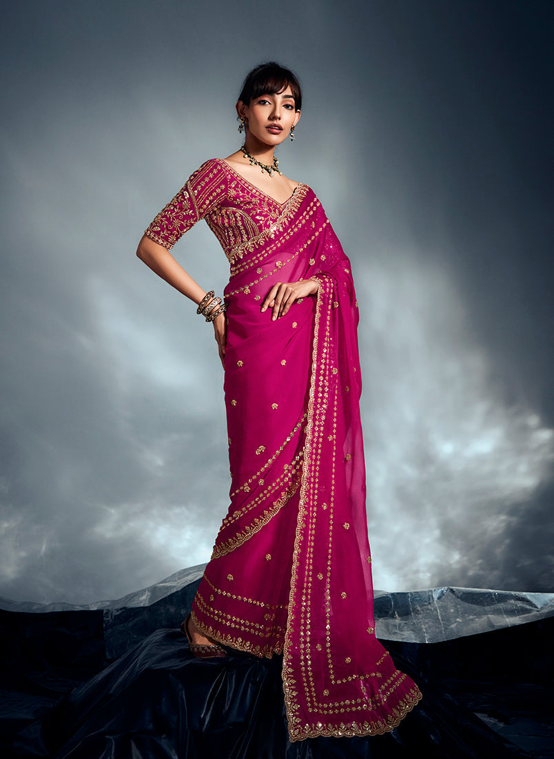 Monjolika Fashion Magenta Pink Tissue Organza Saree With Moti, Cutdana & Sequins Work - Distacart