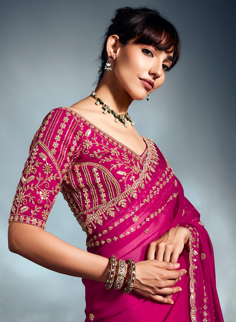 Monjolika Fashion Magenta Pink Tissue Organza Saree With Moti, Cutdana & Sequins Work - Distacart