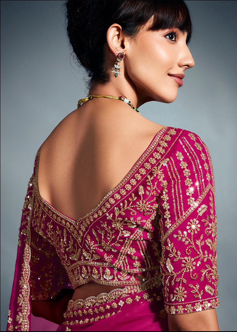 Monjolika Fashion Magenta Pink Tissue Organza Saree With Moti, Cutdana & Sequins Work - Distacart