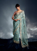 Monjolika Fashion Light Blue Tissue Organza Saree With Moti, Cutdana & Sequin Khatli Work - Distacart