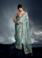 Monjolika Fashion Light Blue Tissue Organza Saree With Moti, Cutdana & Sequin Khatli Work - Distacart