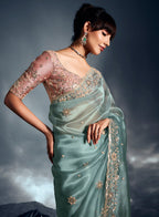 Monjolika Fashion Light Blue Tissue Organza Saree With Moti, Cutdana & Sequin Khatli Work - Distacart