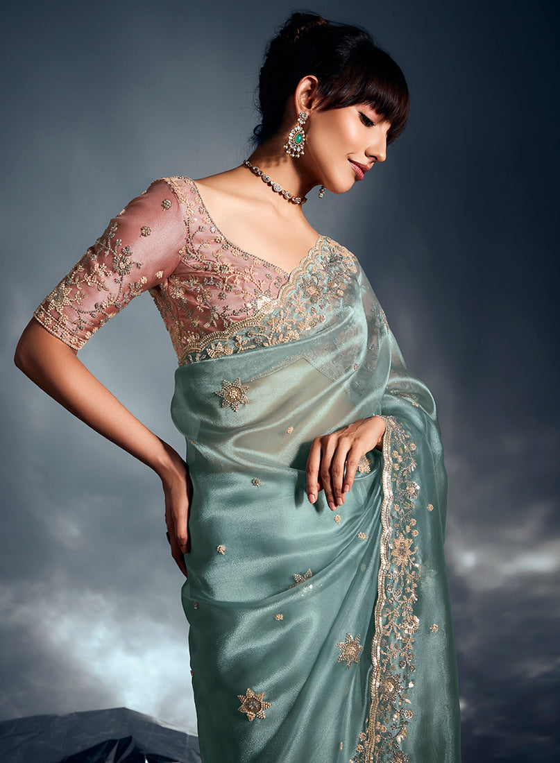 Monjolika Fashion Light Blue Tissue Organza Saree With Moti, Cutdana & Sequin Khatli Work - Distacart