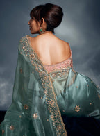 Monjolika Fashion Light Blue Tissue Organza Saree With Moti, Cutdana & Sequin Khatli Work - Distacart