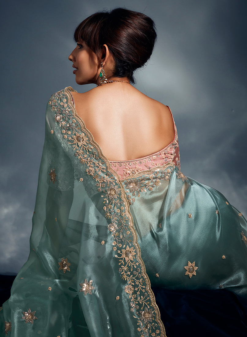 Monjolika Fashion Light Blue Tissue Organza Saree With Moti, Cutdana & Sequin Khatli Work - Distacart
