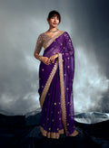 Monjolika Fashion Purple Tissue Organza Saree With Moti, Cutdana & Sequin Khatli Work - Distacart