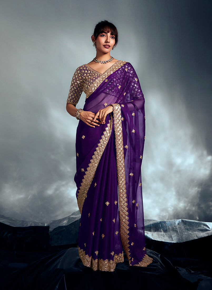Monjolika Fashion Purple Tissue Organza Saree With Moti, Cutdana & Sequin Khatli Work - Distacart