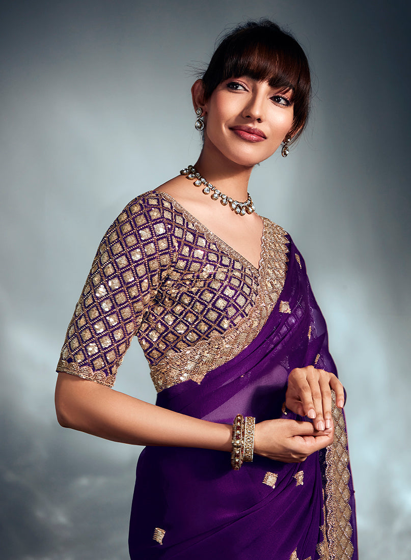 Monjolika Fashion Purple Tissue Organza Saree With Moti, Cutdana & Sequin Khatli Work - Distacart