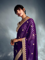 Monjolika Fashion Purple Tissue Organza Saree With Moti, Cutdana & Sequin Khatli Work - Distacart