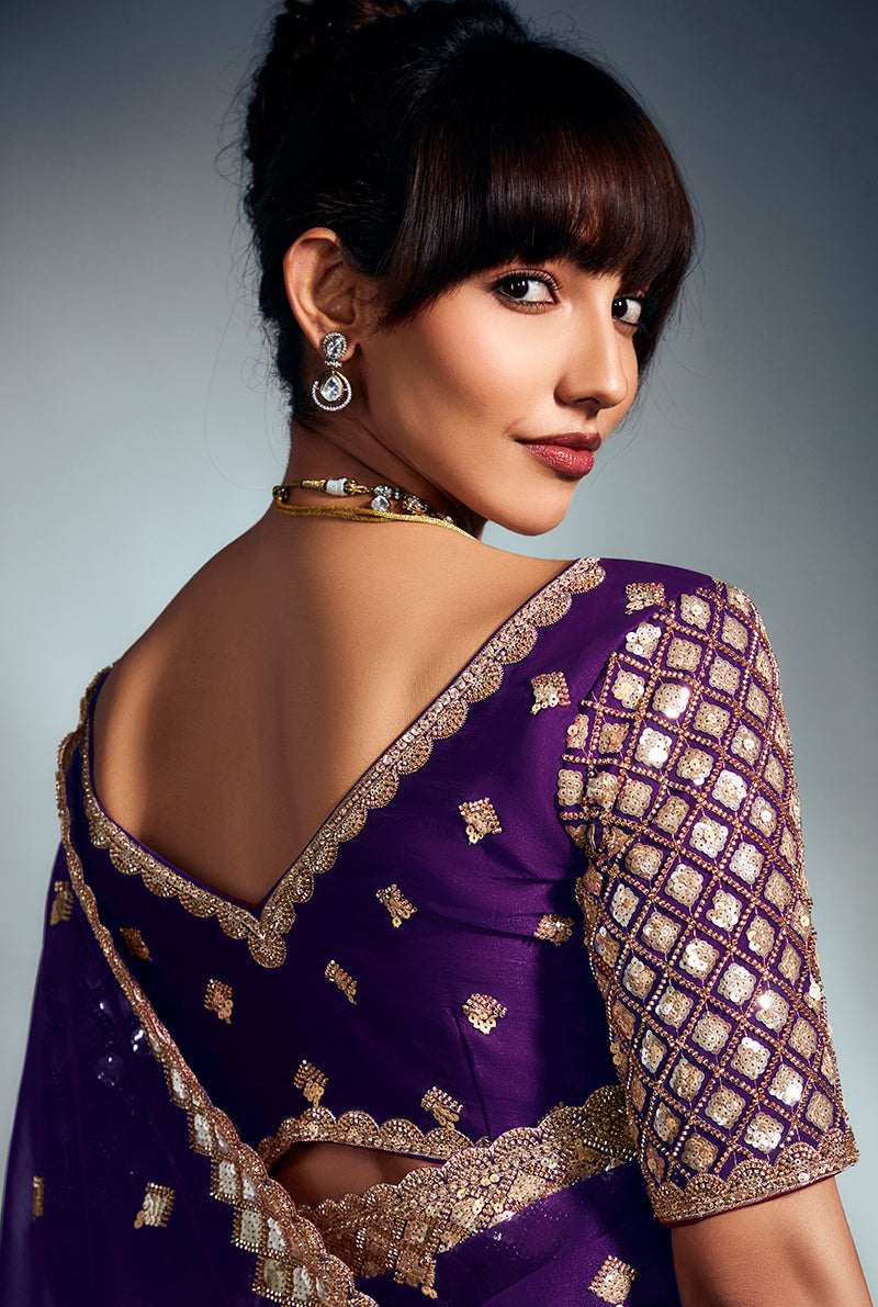 Monjolika Fashion Purple Tissue Organza Saree With Moti, Cutdana & Sequin Khatli Work - Distacart
