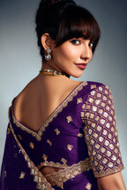 Monjolika Fashion Purple Tissue Organza Saree With Moti, Cutdana & Sequin Khatli Work - Distacart