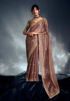 Monjolika Fashion Dusty Pink Tissue Organza Saree With Moti, Cutdana & Sequins Khatli Work - Distacart